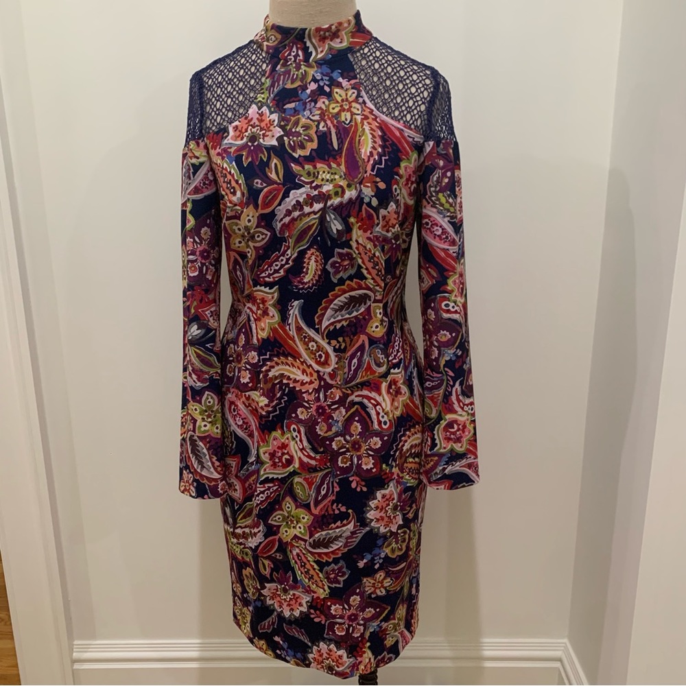 Nicole Miller Floral Paisley Lace Shoulder Long Sleeve Midi Dress — Size 8